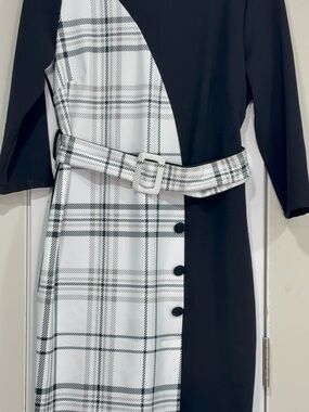 Glamour Black and White Plaid Panel Belted Long Sleeve Dress